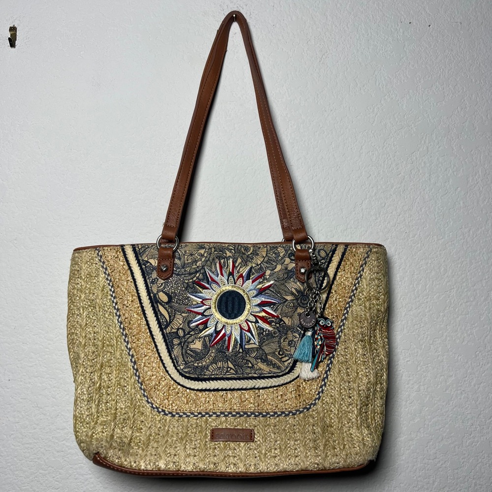 Sakroots Meadow‎ Medium Straw Tote Tan Blue Womens Boho Sun Embroidered Owl Bag